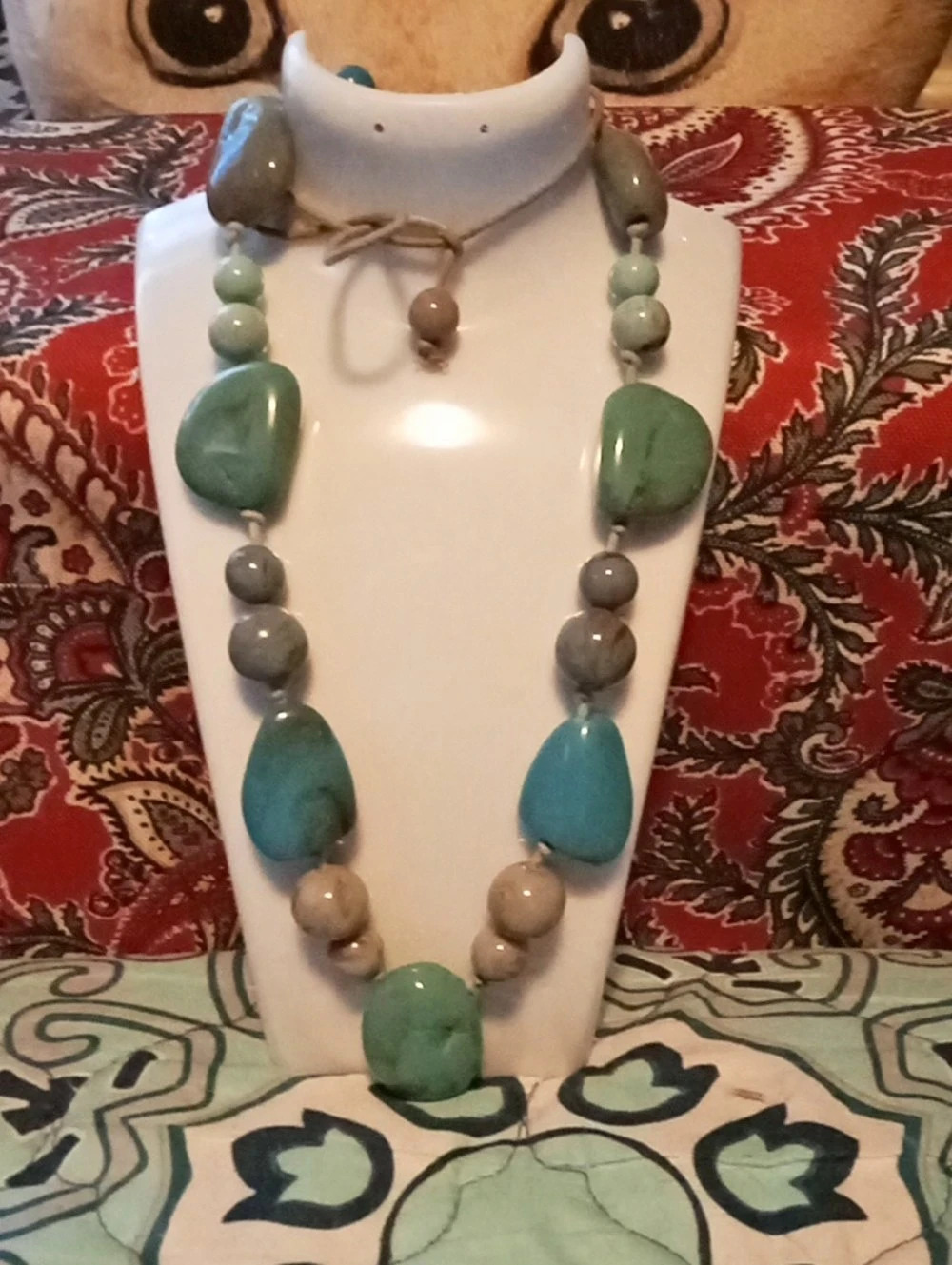 Beaded Statement Necklace in Green & Blue Like New